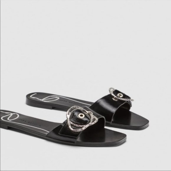 Zara Leather Flat Buckle Sandals EUR 38 - Picture 3 of 7